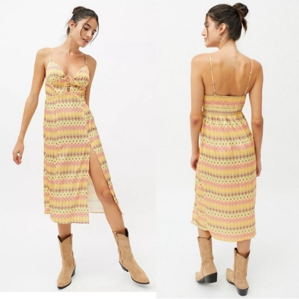 Urban Outfitters Mariah Lace Up Yellow Print Midi Slip Dress Size Small